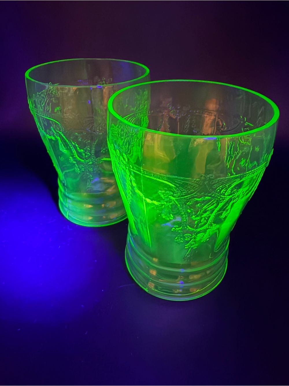 Antique Anchor Hocking uranium glass, juice tumblers “ ballerina “ pattern